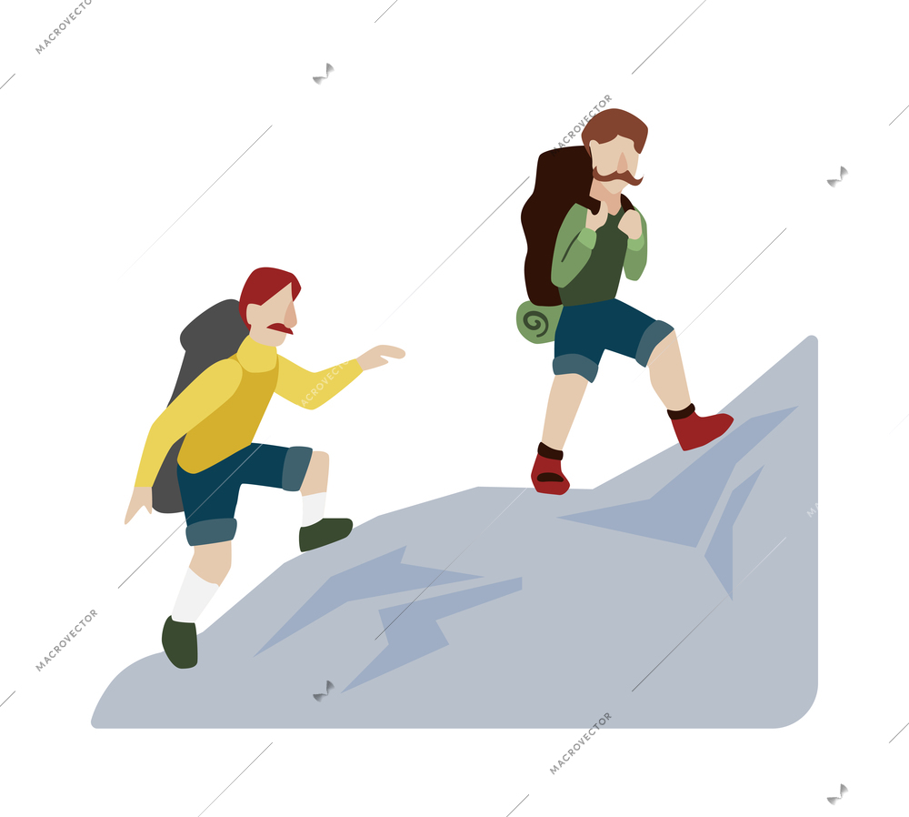 Camping composition with view of two male characters hiking on mountain on blank background vector illustration