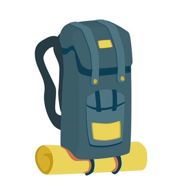 Camping composition with isolated image of backpack with rolled sleeping mat on blank background vector illustration