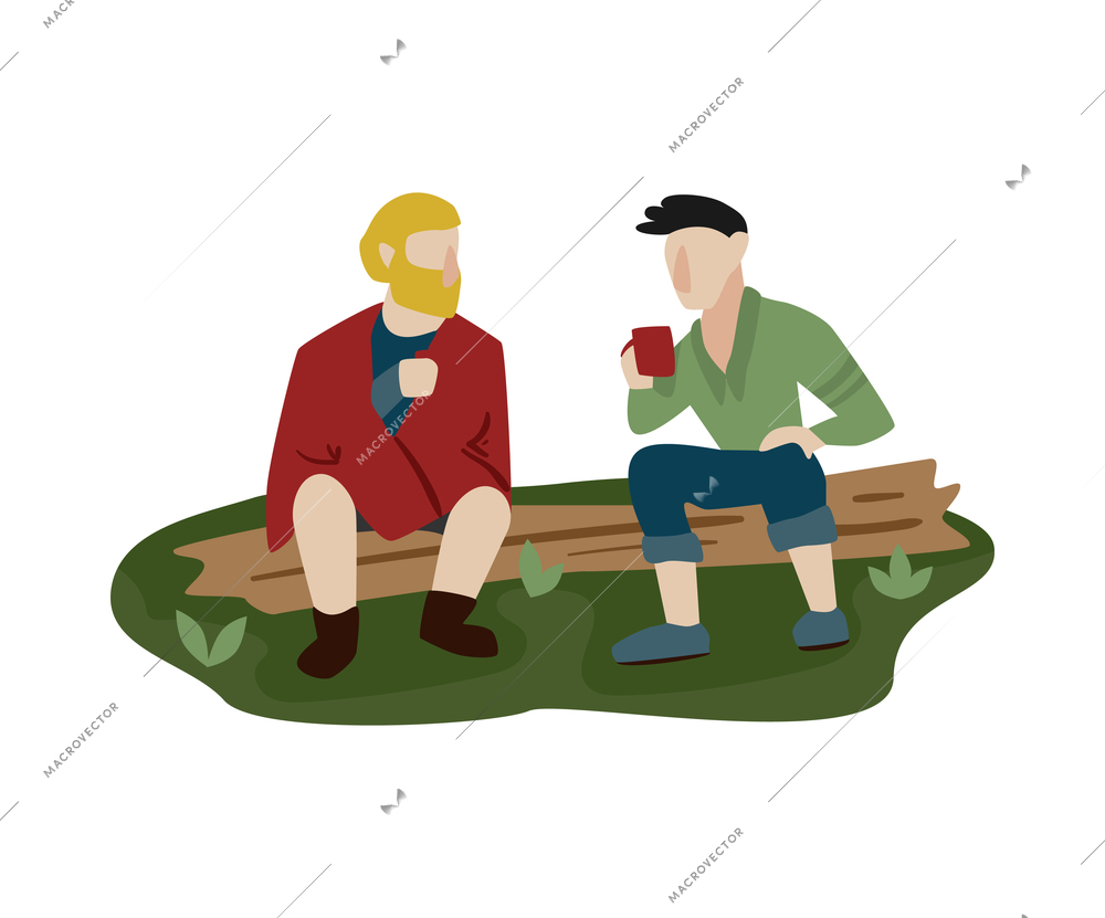 Camping composition with characters of hikers sitting on tree trunk drinking tea vector illustration