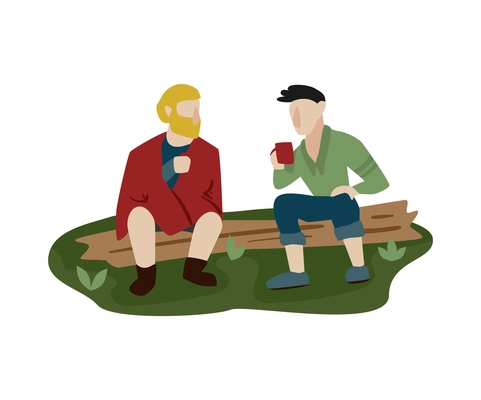 Camping composition with characters of hikers sitting on tree trunk drinking tea vector illustration