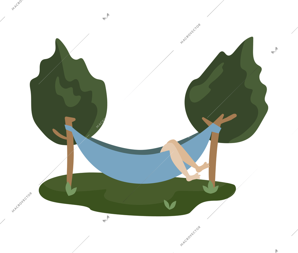 Camping composition with isolated image of hammock hanging on trees with human legs illustration