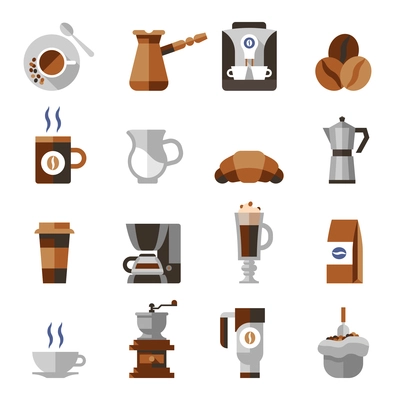 Coffee icons flat set with french press machine pouch grinder isolated vector illustration