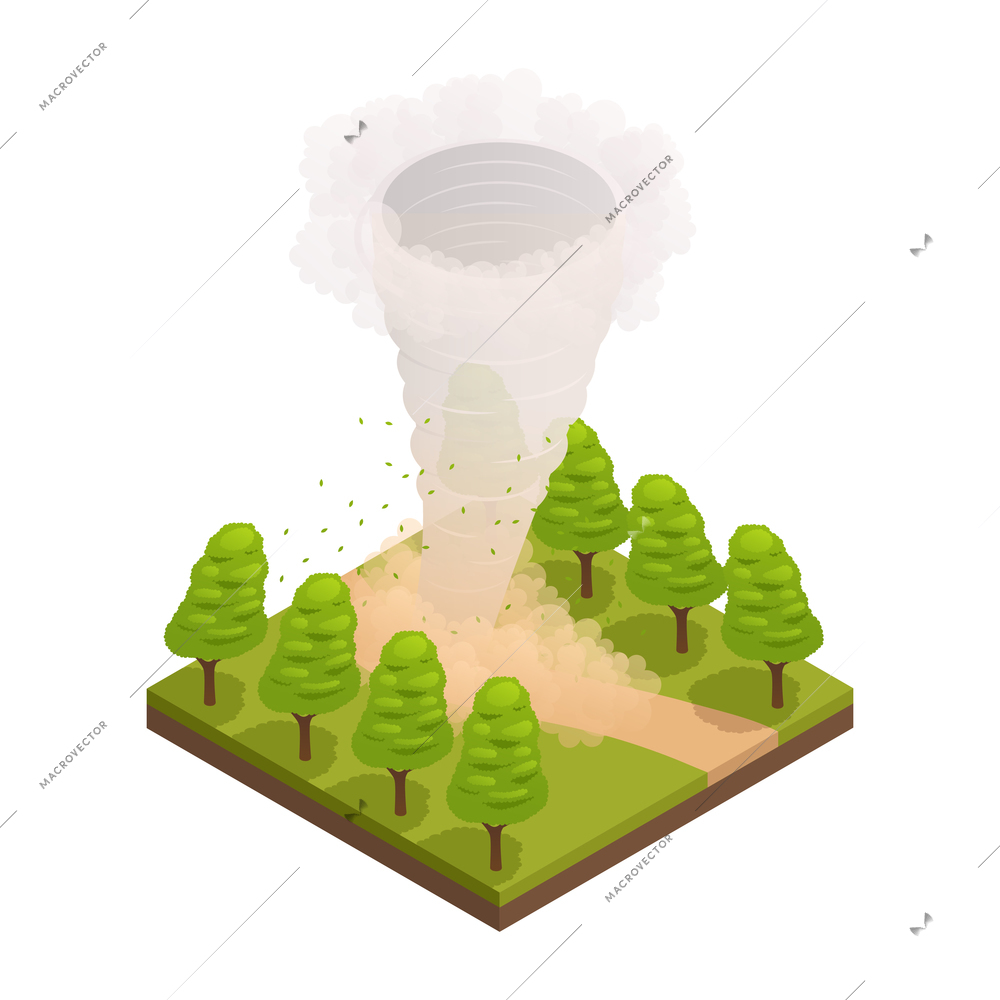 Natural disaster isometric composition with forest trees and funnel of tornado vector illustration