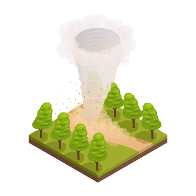 Natural disaster isometric composition with forest trees and funnel of tornado vector illustration