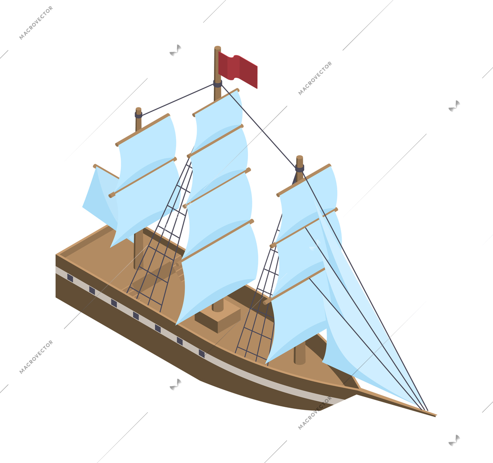 Isometric water transport composition with isolated image of vintage sea vessel on blank background vector illustration