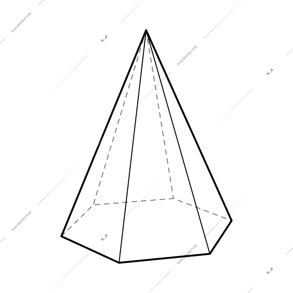 Basic stereometry shape composition with isolated image of hexagonal pyramid with dashed lines vector illustration