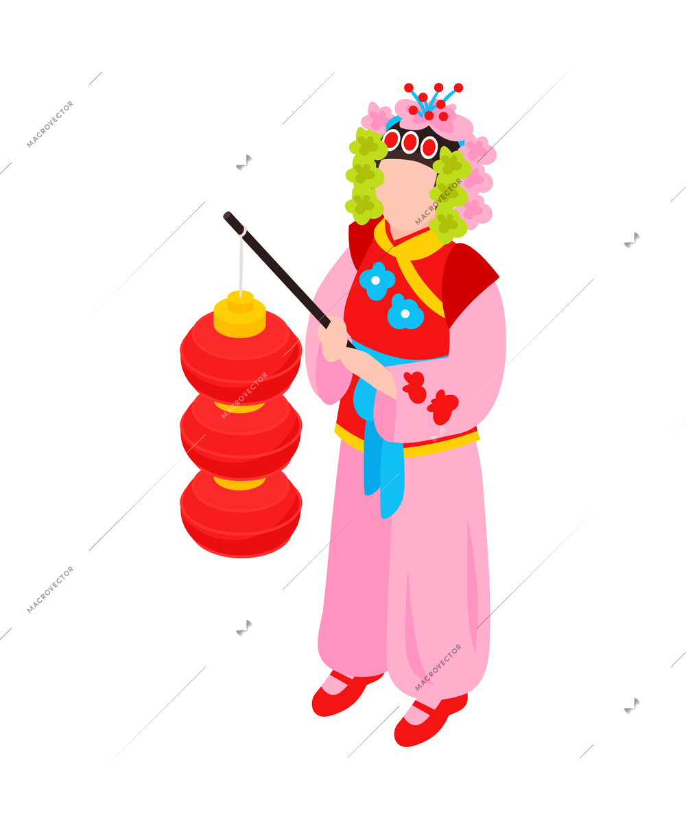 Isometric chinese new year composition with human character holding red lanterns and festive accessories vector illustration