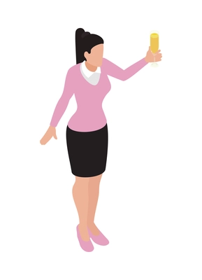 Winner isometric concept icons composition with isolated female character holding glass of champagne vector illustration