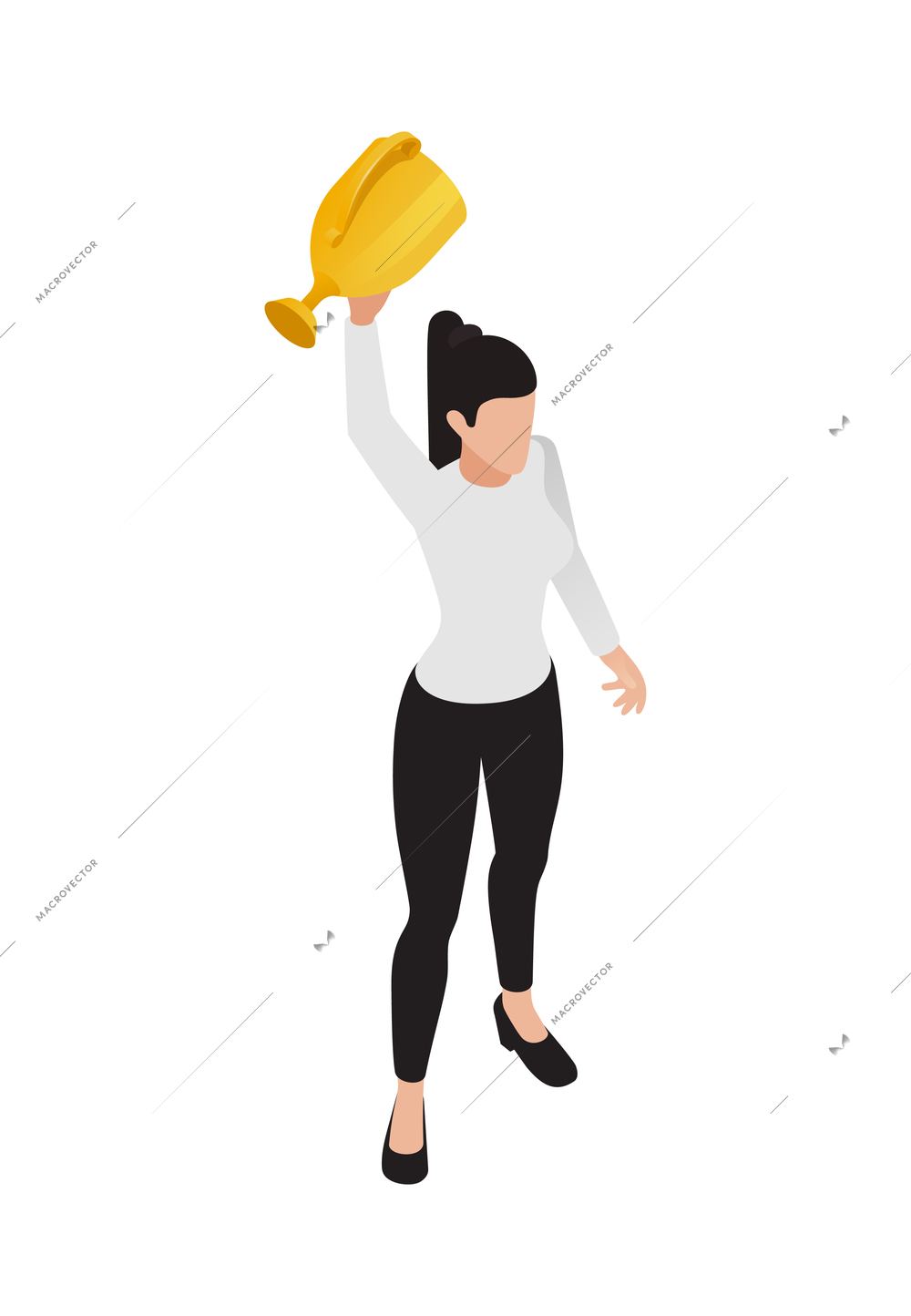 Winner isometric concept icons composition with isolated female character raising hand with golden cup vector illustration