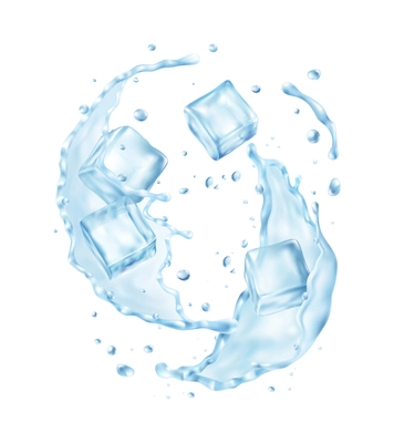 Realistic mineral water composition with view of ice cubes with water splashes on blank background vector illustration