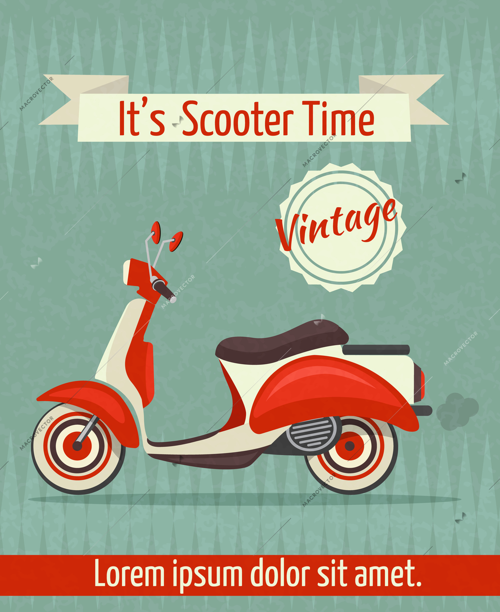 Scooter motorbike retro vintage transport sport paper poster with ribbon vector illustration