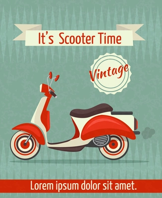 Scooter motorbike retro vintage transport sport paper poster with ribbon vector illustration