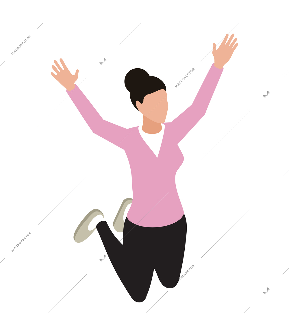 Winner isometric concept icons composition with isolated character of jumping woman vector illustration