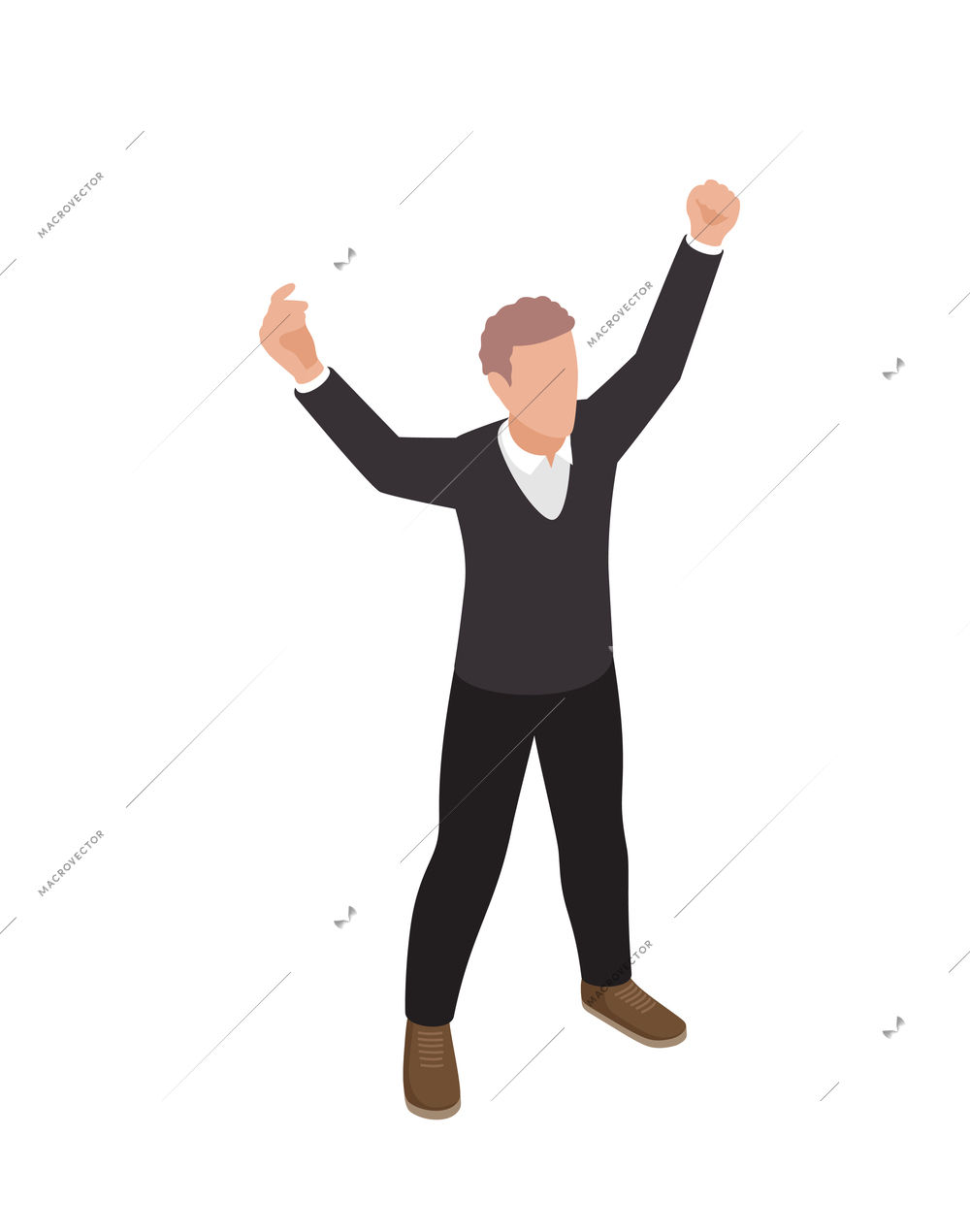 Winner isometric concept icons composition with isolated male character raising hands up vector illustration