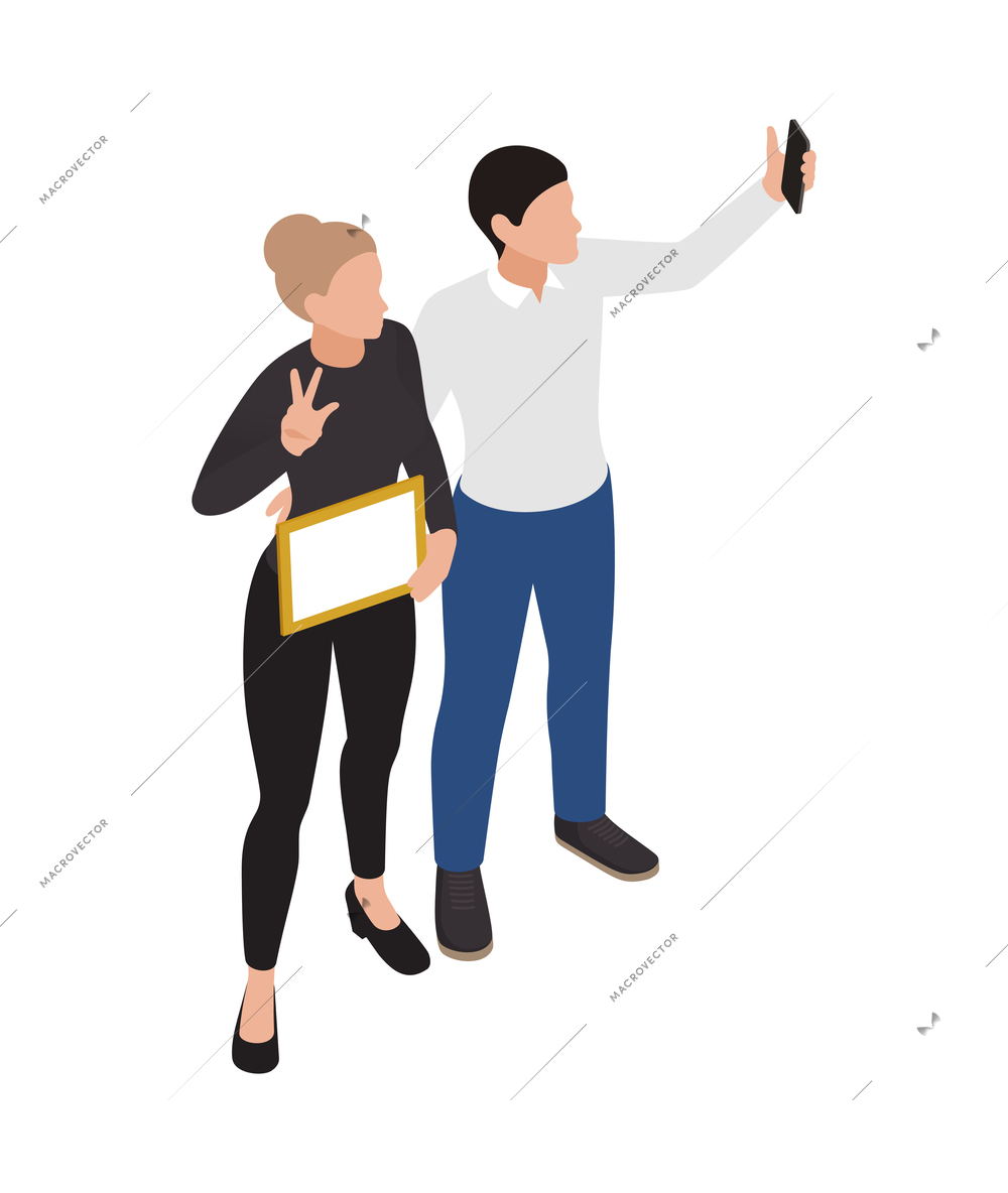 Winner isometric concept icons composition with isolated characters of man and woman making selfie vector illustration
