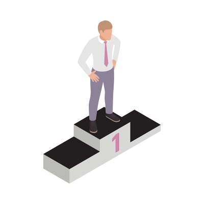 Winner isometric concept icons composition with isolated character of worker standing on winners podium vector illustration