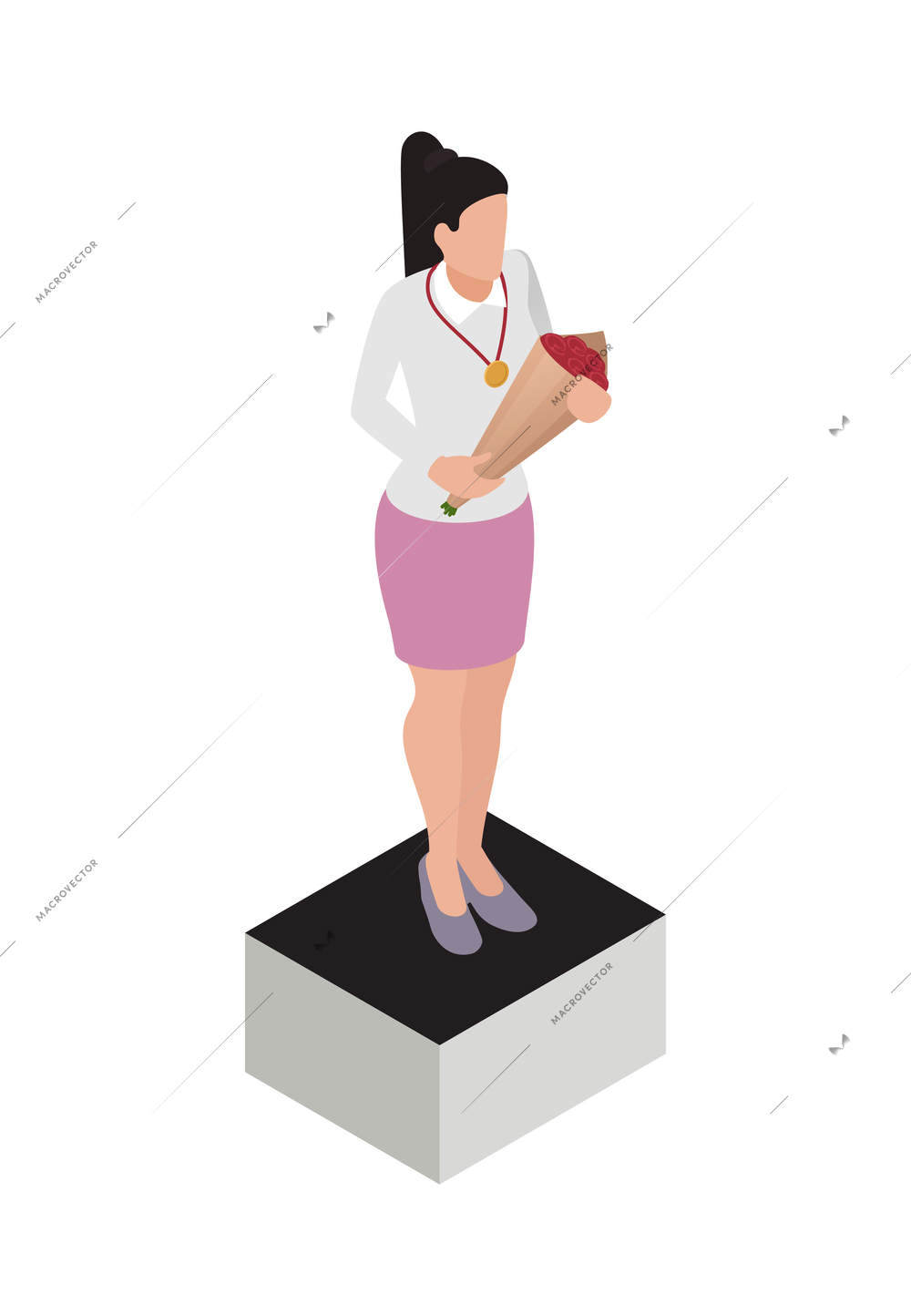 Winner isometric concept icons composition with isolated female character standing on podium holding flowers vector illustration