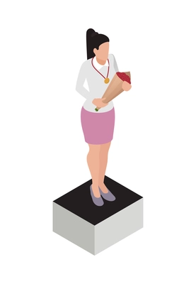 Winner isometric concept icons composition with isolated female character standing on podium holding flowers vector illustration