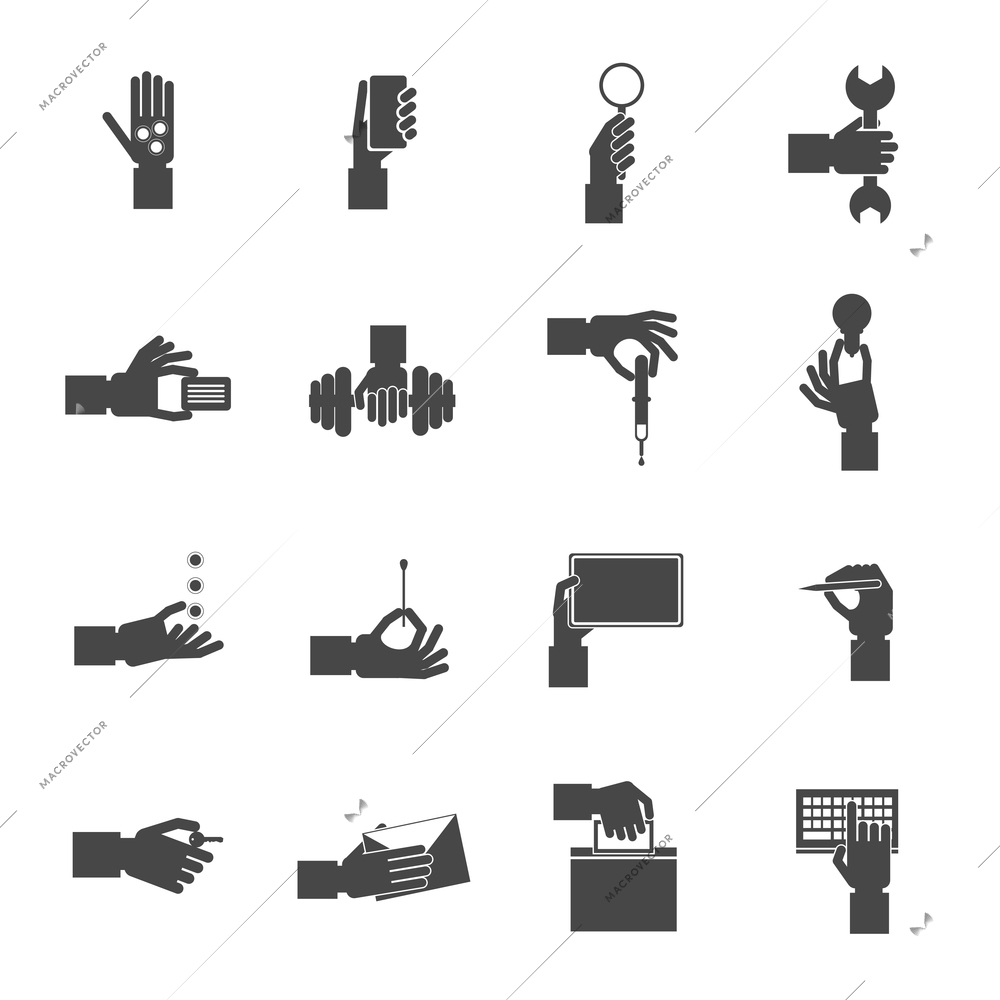 Human hands holding different objects paying repairing writing  black icons set isolated vector illustration