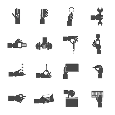 Human hands holding different objects paying repairing writing  black icons set isolated vector illustration