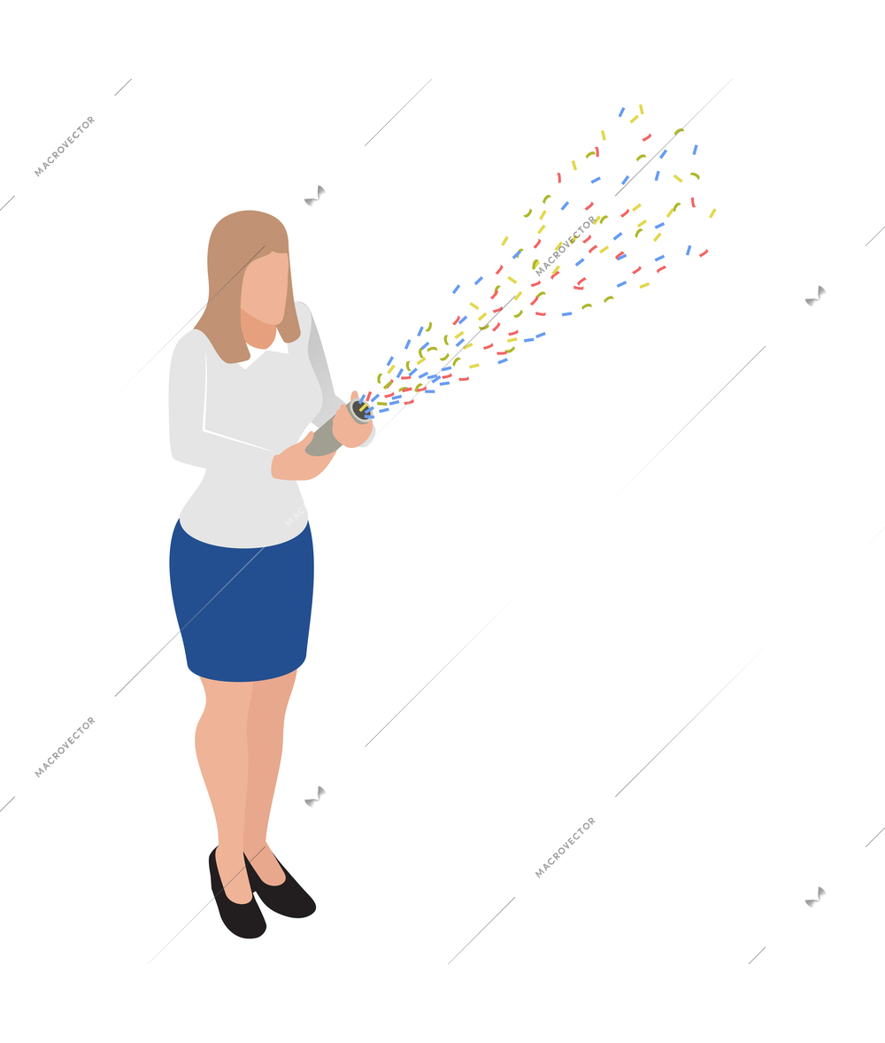 Winner isometric concept icons composition with isolated female character shooting confetti gun vector illustration