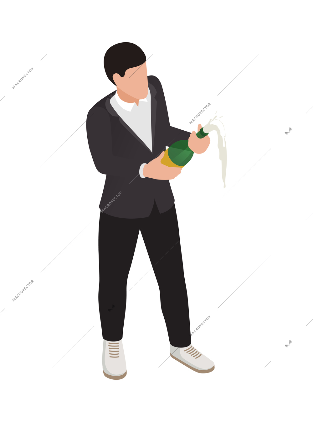 Winner isometric concept icons composition with isolated male character opening bottle of champagne vector illustration