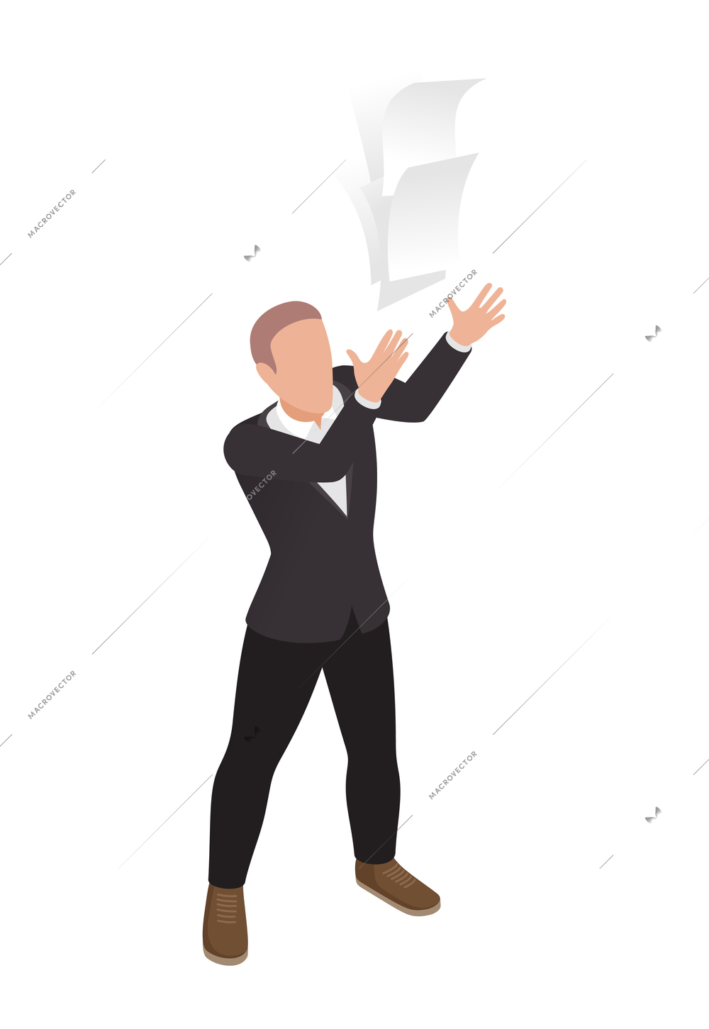 Winner isometric concept icons composition with isolated male character tossing paper sheets up vector illustration