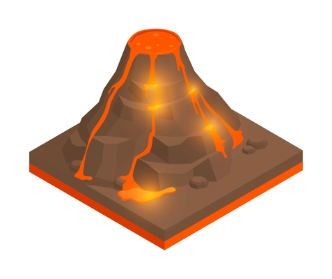 Natural disaster isometric composition with isolated image of erupting volcano with flowing lava vector illustration