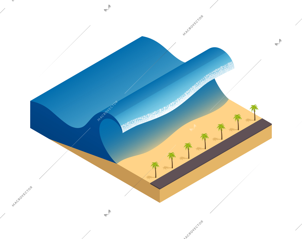 Natural disaster isometric composition with view sea coast being covered by tsunami wave vector illustration