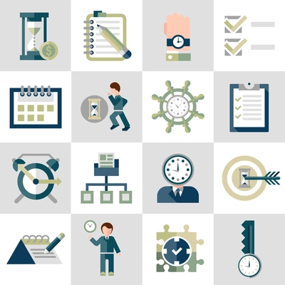Time management leadership training businessman running icons set isolated vector illustration