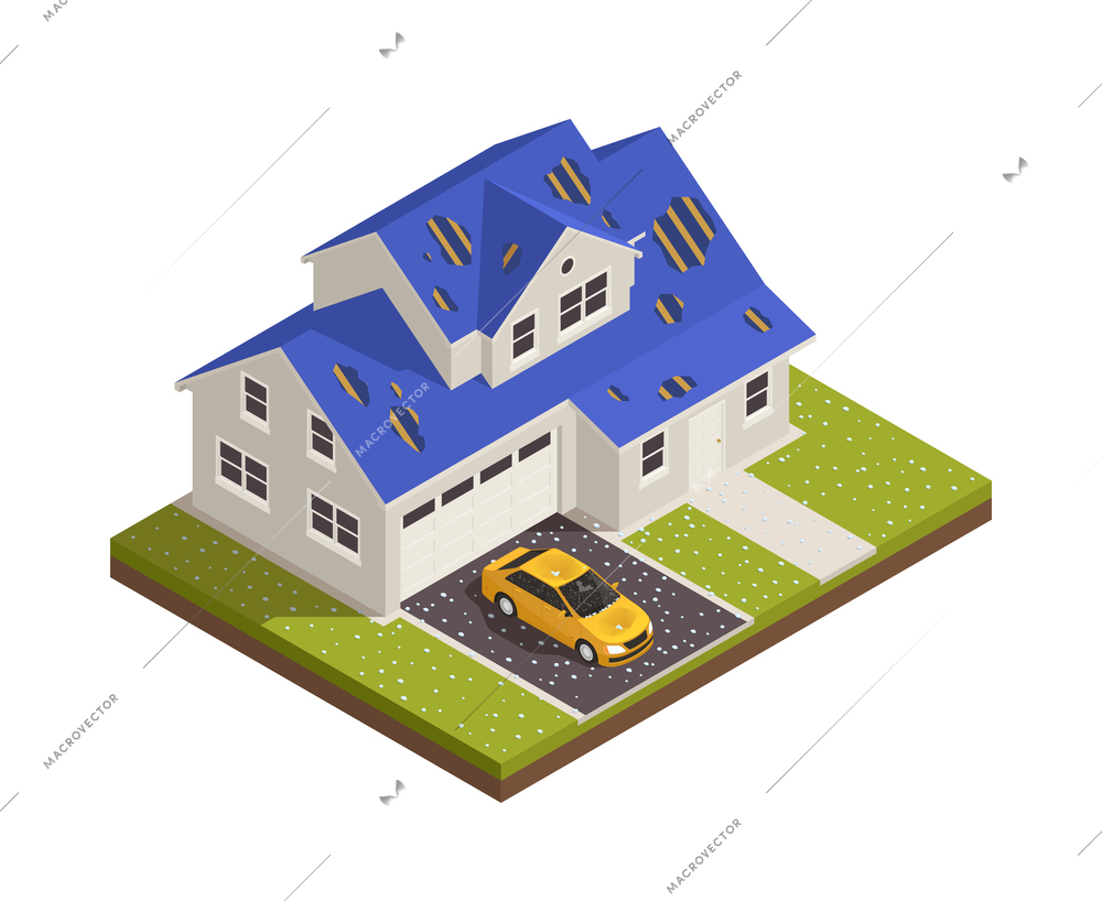 Natural disaster isometric composition with view of house after earthquake with glass shards and holes in roof vector illustration