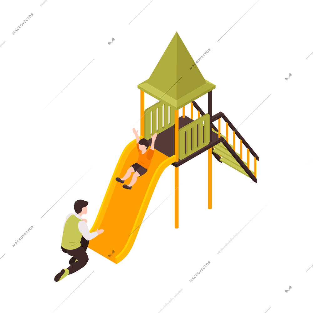 Isometric dad father parenthood children composition with playground slide and man catching boy going down vector illustration