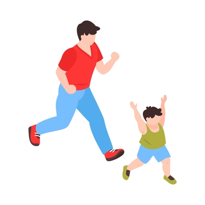 Isometric dad father parenthood children composition with man chasing running boy vector illustration