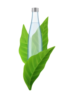 Realistic mineral water composition with image of glass bottle surrounded by fresh green leaves vector illustration