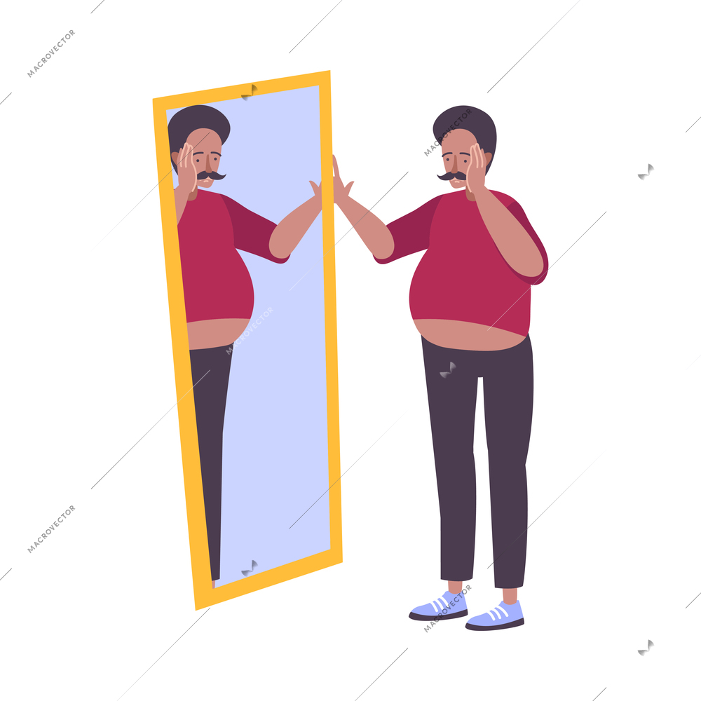 Fat people obesity composition with isolated doodle character of fat man looking in mirror vector illustration