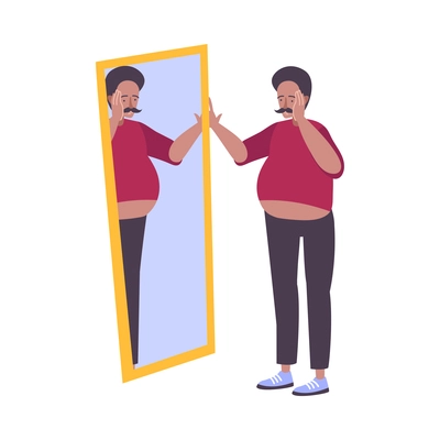 Fat people obesity composition with isolated doodle character of fat man looking in mirror vector illustration