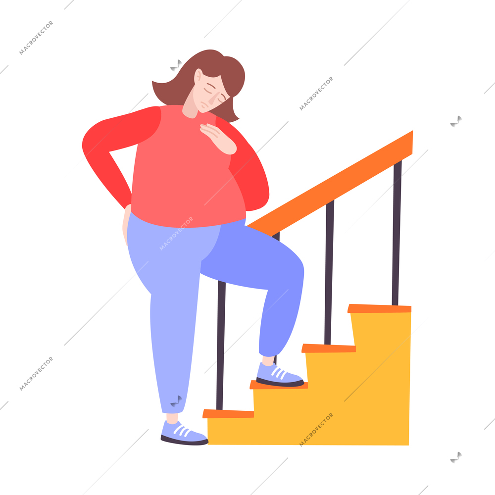 Fat people obesity composition with isolated doodle character of woman trying hard to step up vector illustration