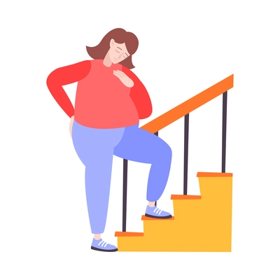 Fat people obesity composition with isolated doodle character of woman trying hard to step up vector illustration
