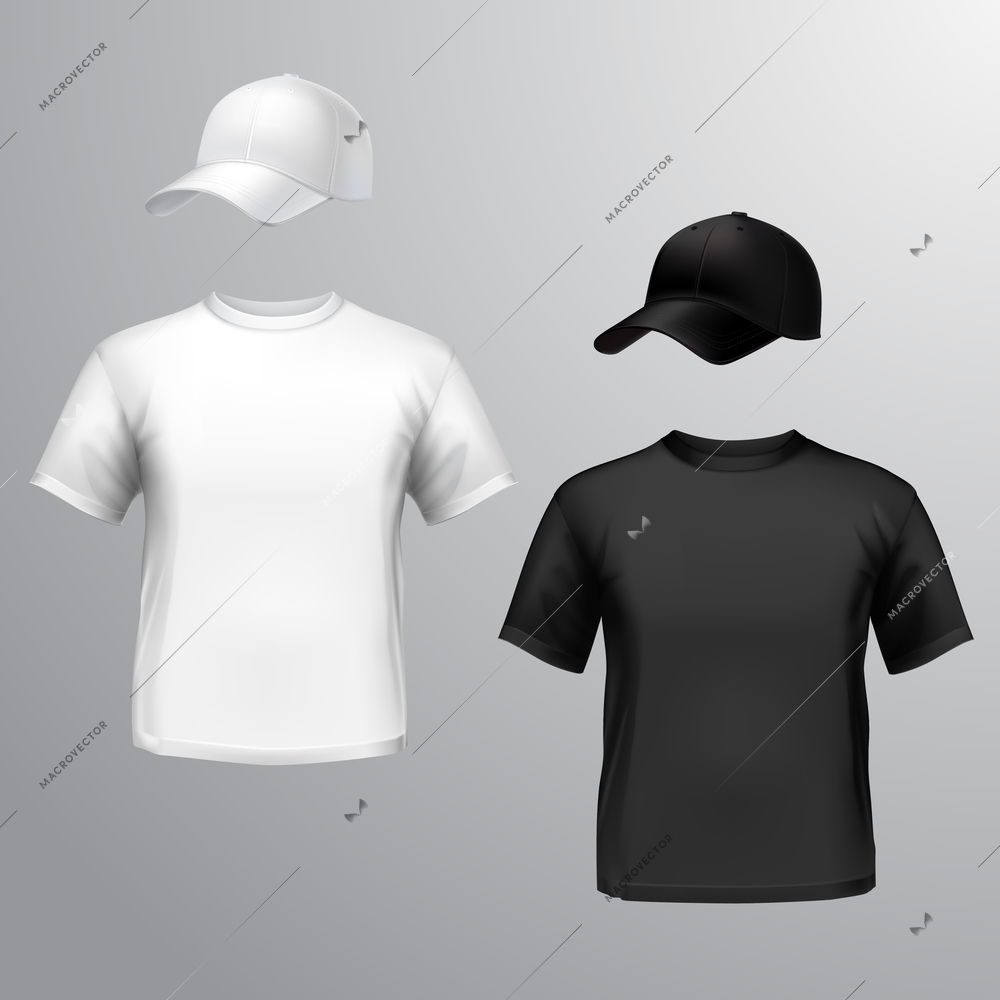 Mens t-shirt and baseball cap front set isolated on grey background vector illustration