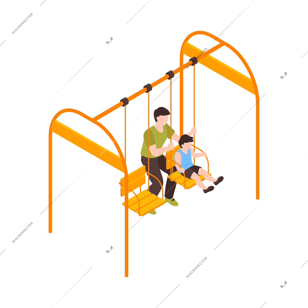 Isometric dad father parenthood children composition with man touching swing with sitting boy vector illustration