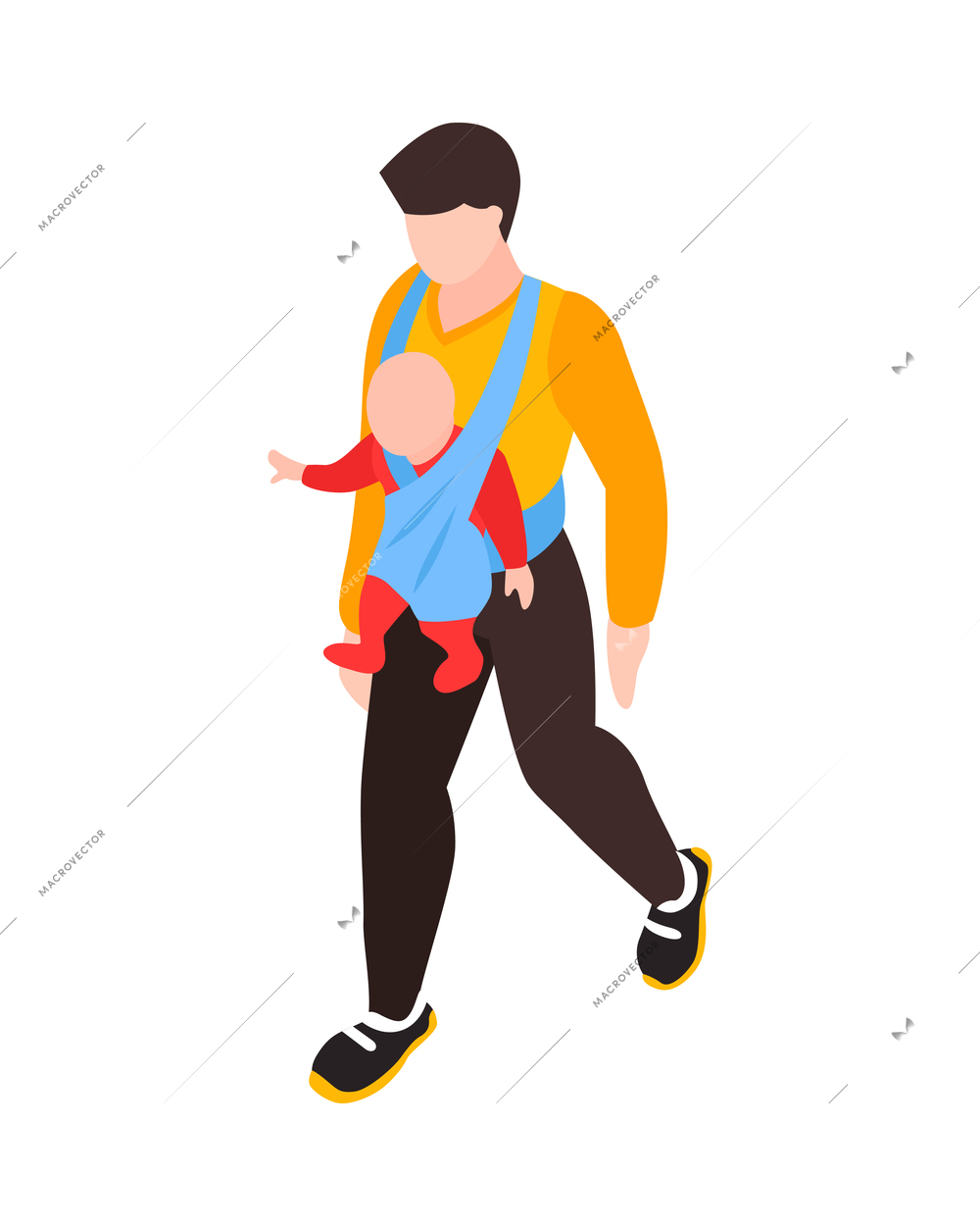 Isometric dad father parenthood children composition with man with kid hanging in baby carrier vector illustration