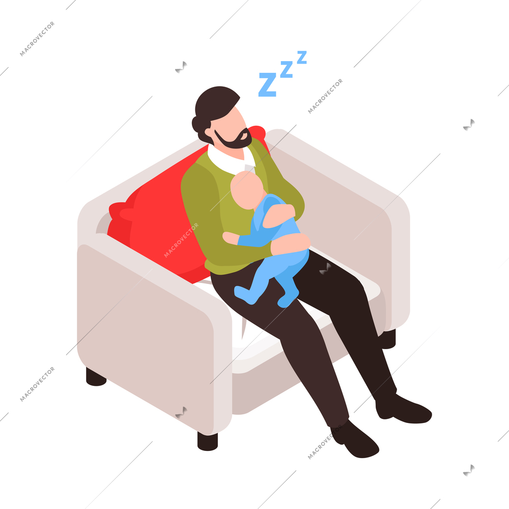 Isometric dad father parenthood children composition with sleeping man sitting in armchair with baby vector illustration