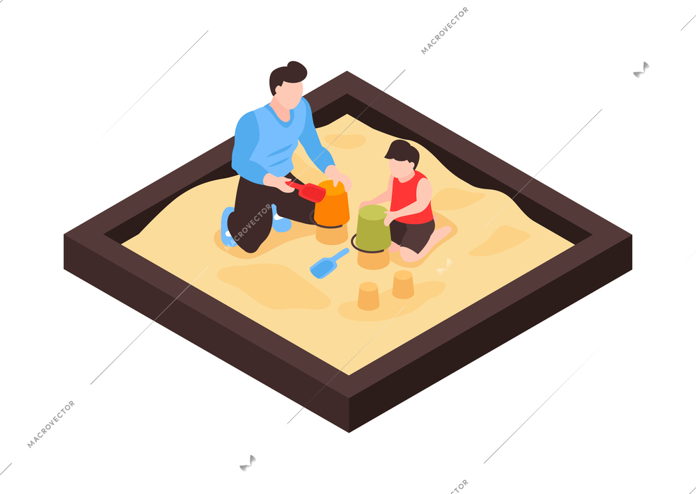 Isometric dad father parenthood children composition with view of sandpit with man playing with baby vector illustration