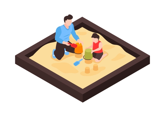 Isometric dad father parenthood children composition with view of sandpit with man playing with baby vector illustration