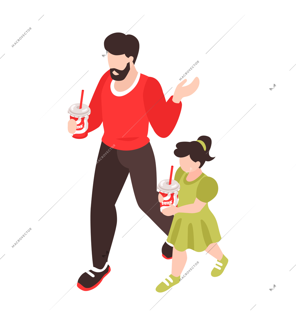 Isometric dad father parenthood children composition with man walking with little girl drinking cocktails vector illustration