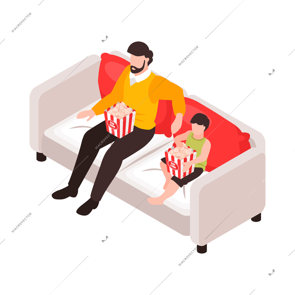 Isometric dad father parenthood children composition with boy and man watching movie eating popcorn vector illustration