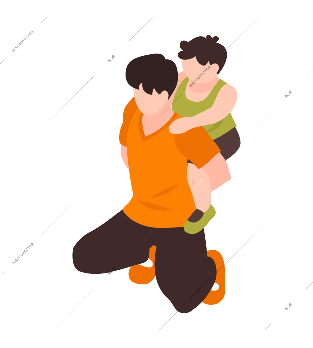 Isometric dad father parenthood children composition with man carrying kid on his back vector illustration