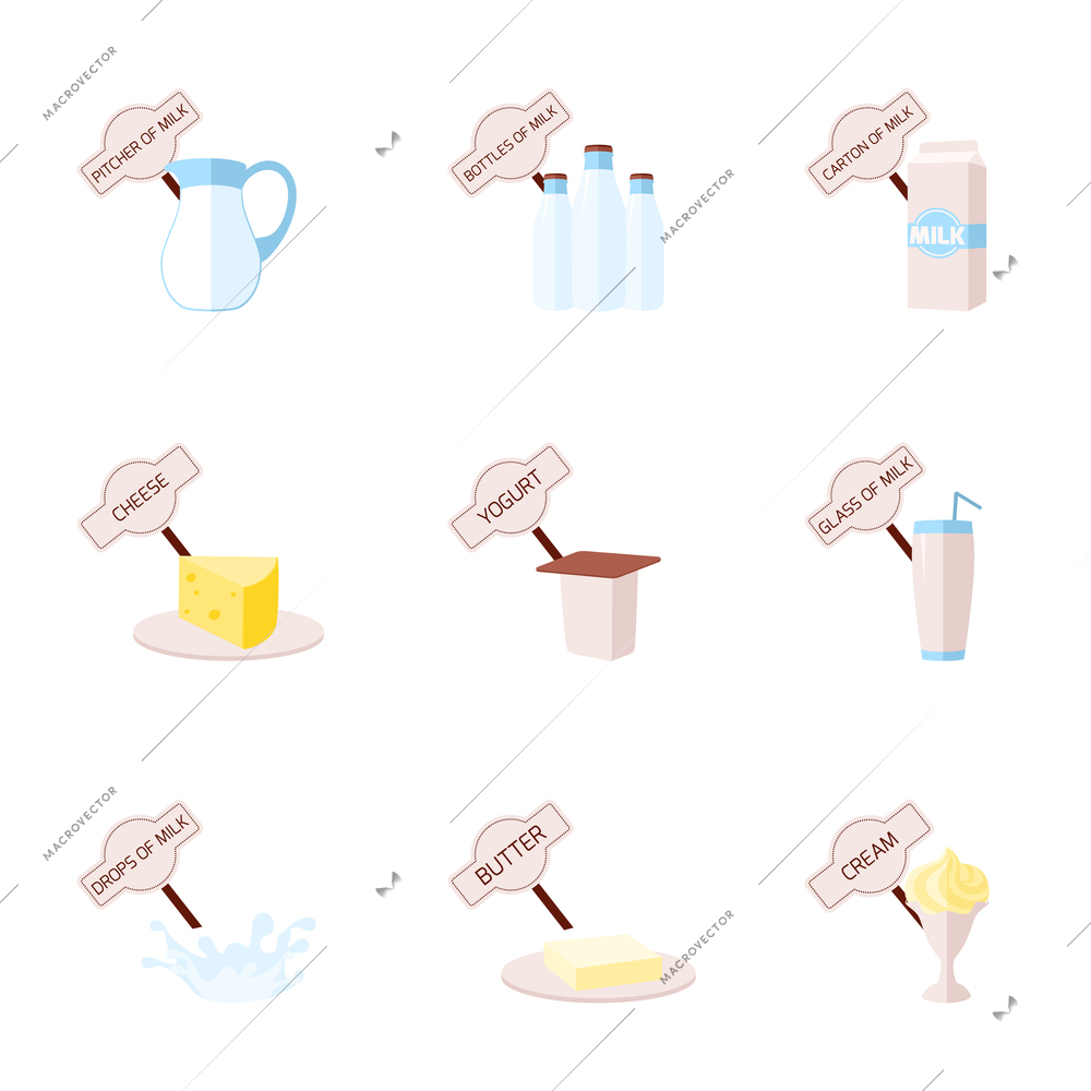 Milk flat icons set with pitcher bottles carton cheese yogurt glass drops butter cream isolated vector illustration