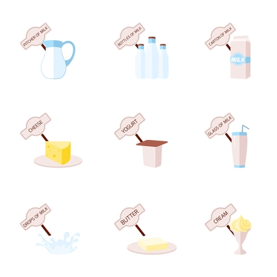 Milk flat icons set with pitcher bottles carton cheese yogurt glass drops butter cream isolated vector illustration