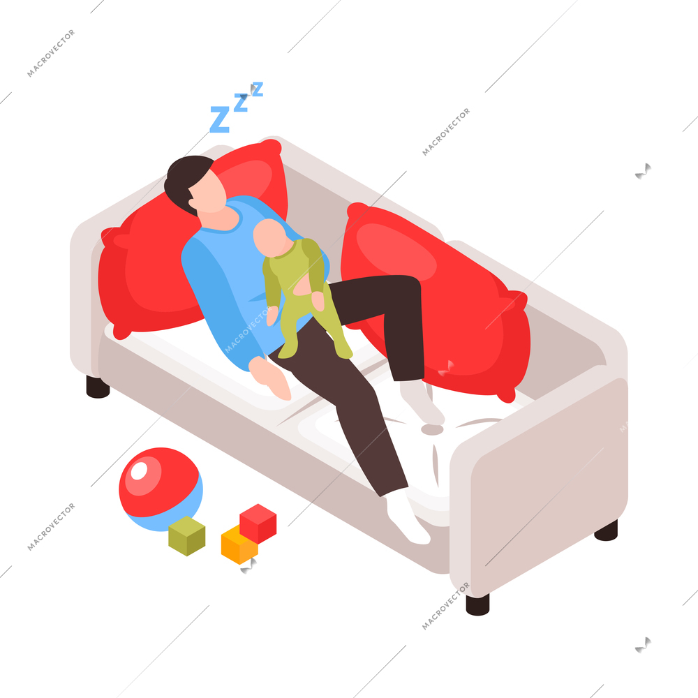Isometric dad father parenthood children composition with sleeping man lying on sofa with his baby vector illustration